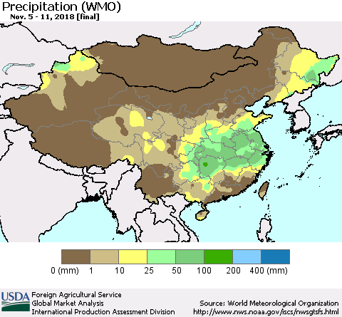 China, Mongolia and Taiwan Precipitation (WMO) Thematic Map For 11/5/2018 - 11/11/2018