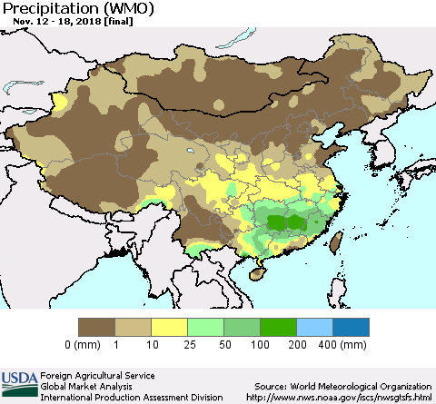 China, Mongolia and Taiwan Precipitation (WMO) Thematic Map For 11/12/2018 - 11/18/2018