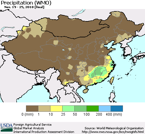 China, Mongolia and Taiwan Precipitation (WMO) Thematic Map For 11/19/2018 - 11/25/2018