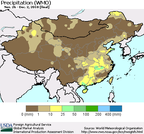 China, Mongolia and Taiwan Precipitation (WMO) Thematic Map For 11/26/2018 - 12/2/2018