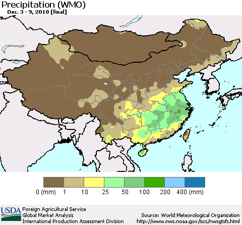 China, Mongolia and Taiwan Precipitation (WMO) Thematic Map For 12/3/2018 - 12/9/2018