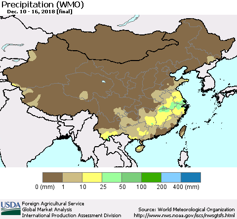 China, Mongolia and Taiwan Precipitation (WMO) Thematic Map For 12/10/2018 - 12/16/2018