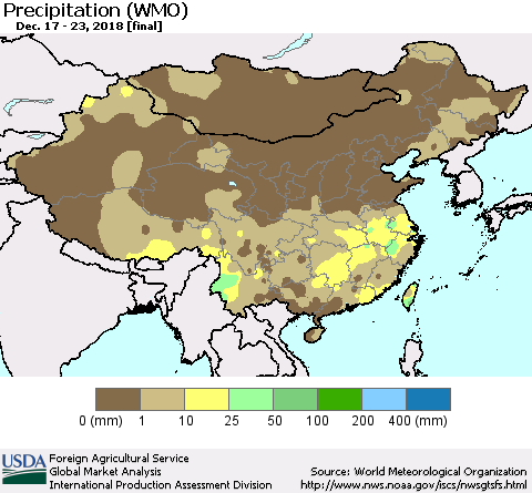 China, Mongolia and Taiwan Precipitation (WMO) Thematic Map For 12/17/2018 - 12/23/2018