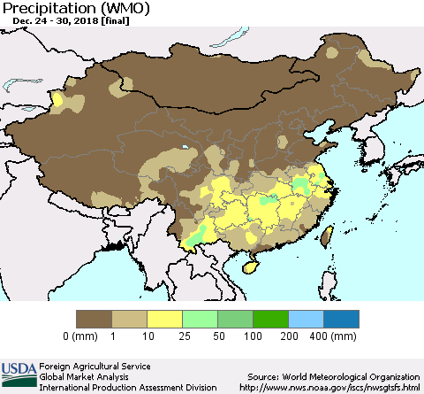 China, Mongolia and Taiwan Precipitation (WMO) Thematic Map For 12/24/2018 - 12/30/2018