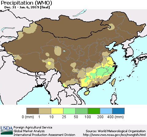 China, Mongolia and Taiwan Precipitation (WMO) Thematic Map For 12/31/2018 - 1/6/2019