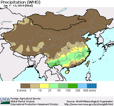 China, Mongolia and Taiwan Precipitation (WMO) Thematic Map For 1/7/2019 - 1/13/2019