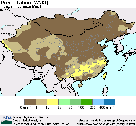 China, Mongolia and Taiwan Precipitation (WMO) Thematic Map For 1/14/2019 - 1/20/2019