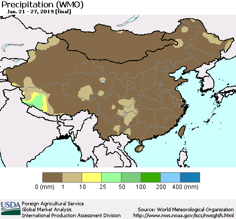 China, Mongolia and Taiwan Precipitation (WMO) Thematic Map For 1/21/2019 - 1/27/2019