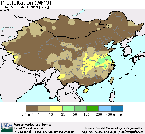 China, Mongolia and Taiwan Precipitation (WMO) Thematic Map For 1/28/2019 - 2/3/2019