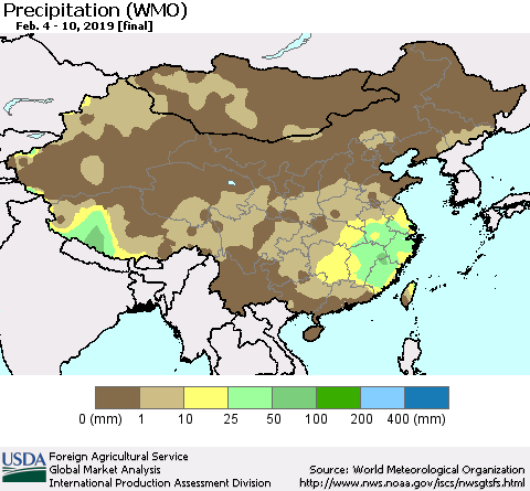 China, Mongolia and Taiwan Precipitation (WMO) Thematic Map For 2/4/2019 - 2/10/2019