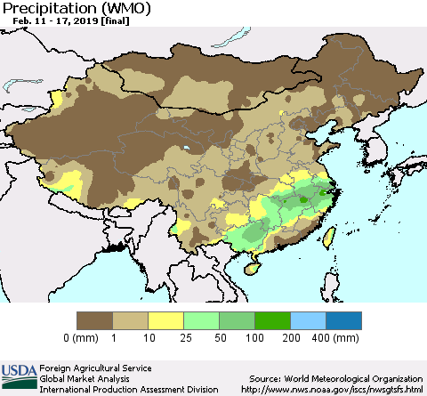 China, Mongolia and Taiwan Precipitation (WMO) Thematic Map For 2/11/2019 - 2/17/2019