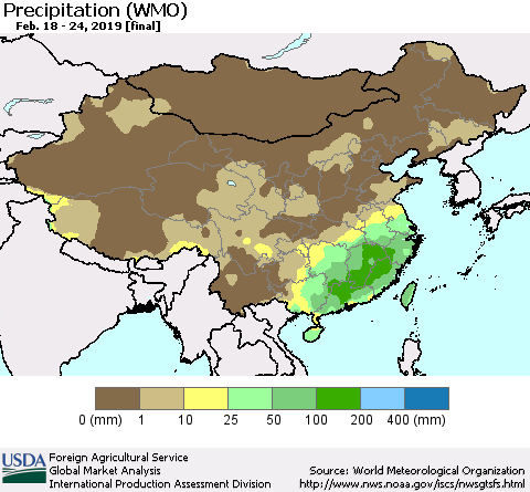 China, Mongolia and Taiwan Precipitation (WMO) Thematic Map For 2/18/2019 - 2/24/2019