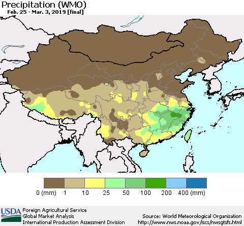 China, Mongolia and Taiwan Precipitation (WMO) Thematic Map For 2/25/2019 - 3/3/2019