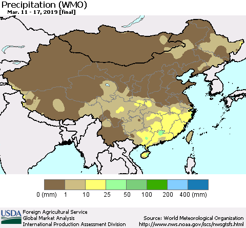 China, Mongolia and Taiwan Precipitation (WMO) Thematic Map For 3/11/2019 - 3/17/2019