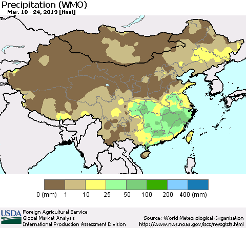 China, Mongolia and Taiwan Precipitation (WMO) Thematic Map For 3/18/2019 - 3/24/2019