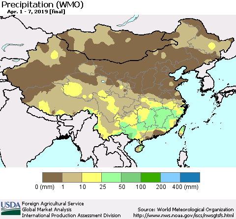 China, Mongolia and Taiwan Precipitation (WMO) Thematic Map For 4/1/2019 - 4/7/2019