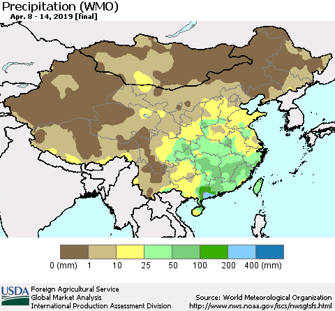 China, Mongolia and Taiwan Precipitation (WMO) Thematic Map For 4/8/2019 - 4/14/2019