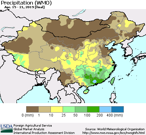 China and Taiwan Precipitation (WMO) Thematic Map For 4/15/2019 - 4/21/2019