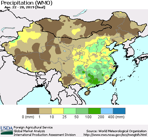 China, Mongolia and Taiwan Precipitation (WMO) Thematic Map For 4/22/2019 - 4/28/2019