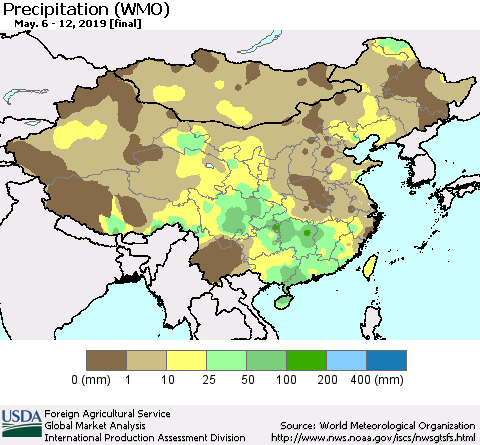 China and Taiwan Precipitation (WMO) Thematic Map For 5/6/2019 - 5/12/2019