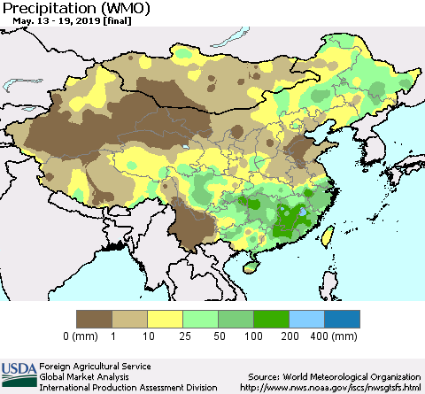 China and Taiwan Precipitation (WMO) Thematic Map For 5/13/2019 - 5/19/2019