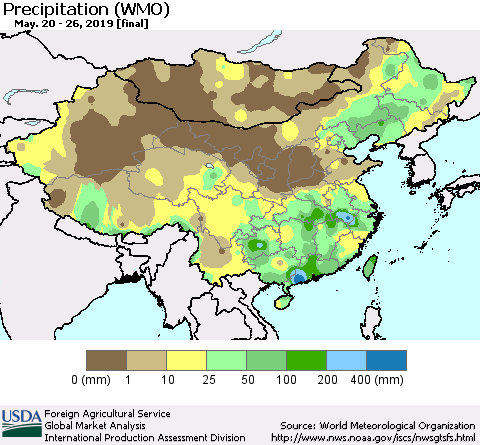 China and Taiwan Precipitation (WMO) Thematic Map For 5/20/2019 - 5/26/2019