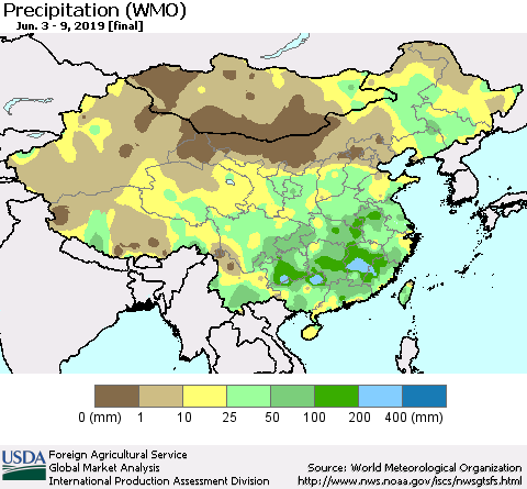 China and Taiwan Precipitation (WMO) Thematic Map For 6/3/2019 - 6/9/2019