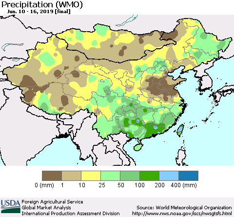 China and Taiwan Precipitation (WMO) Thematic Map For 6/10/2019 - 6/16/2019