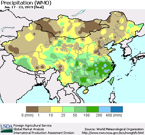 China and Taiwan Precipitation (WMO) Thematic Map For 6/17/2019 - 6/23/2019