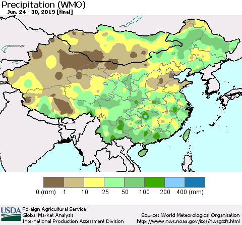 China and Taiwan Precipitation (WMO) Thematic Map For 6/24/2019 - 6/30/2019