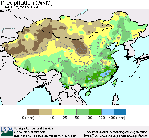 China, Mongolia and Taiwan Precipitation (WMO) Thematic Map For 7/1/2019 - 7/7/2019