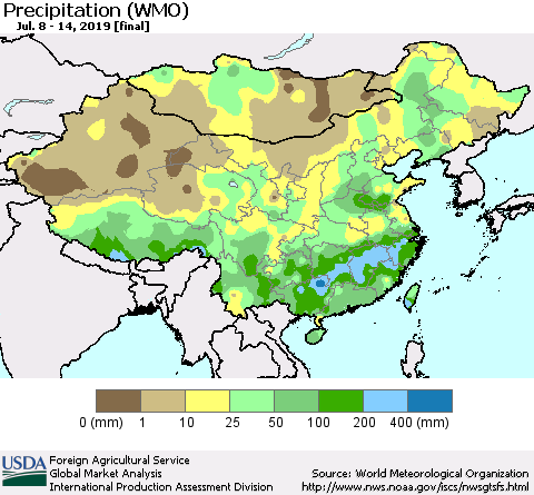China and Taiwan Precipitation (WMO) Thematic Map For 7/8/2019 - 7/14/2019