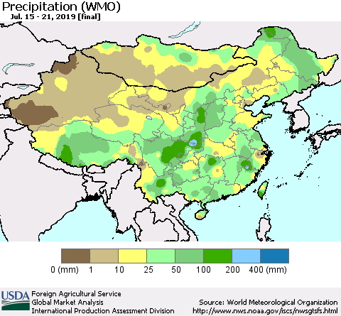 China and Taiwan Precipitation (WMO) Thematic Map For 7/15/2019 - 7/21/2019