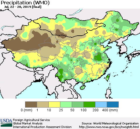 China and Taiwan Precipitation (WMO) Thematic Map For 7/22/2019 - 7/28/2019