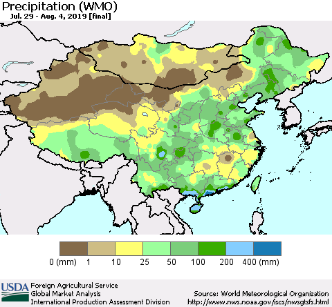 China and Taiwan Precipitation (WMO) Thematic Map For 7/29/2019 - 8/4/2019