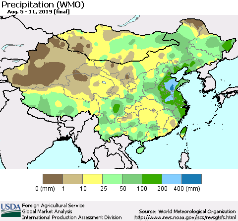 China, Mongolia and Taiwan Precipitation (WMO) Thematic Map For 8/5/2019 - 8/11/2019