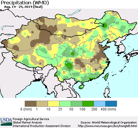 China and Taiwan Precipitation (WMO) Thematic Map For 8/19/2019 - 8/25/2019