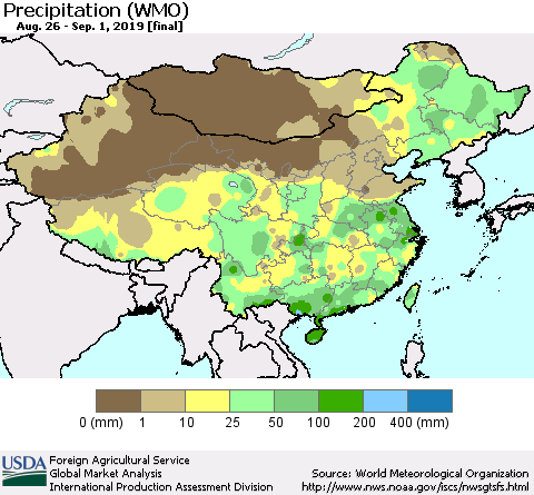 China and Taiwan Precipitation (WMO) Thematic Map For 8/26/2019 - 9/1/2019