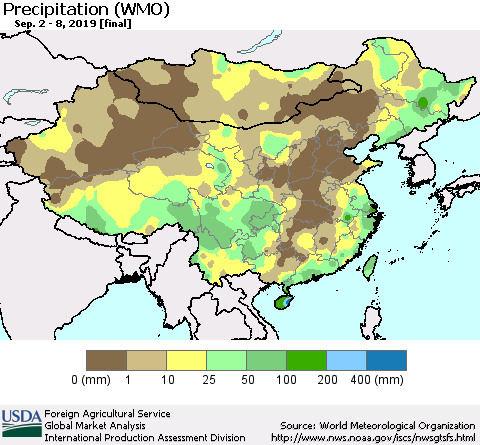 China, Mongolia and Taiwan Precipitation (WMO) Thematic Map For 9/2/2019 - 9/8/2019