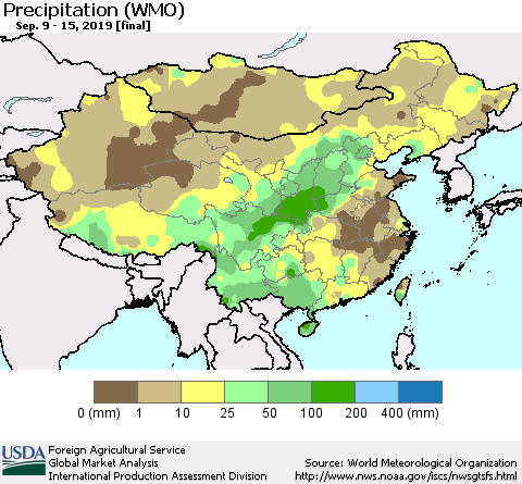 China and Taiwan Precipitation (WMO) Thematic Map For 9/9/2019 - 9/15/2019