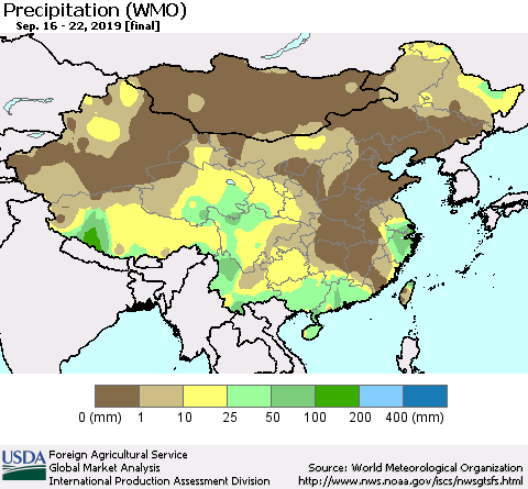 China and Taiwan Precipitation (WMO) Thematic Map For 9/16/2019 - 9/22/2019
