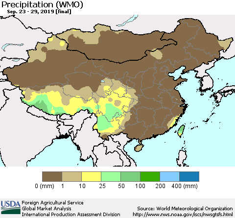 China and Taiwan Precipitation (WMO) Thematic Map For 9/23/2019 - 9/29/2019