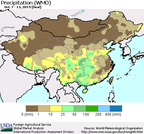 China and Taiwan Precipitation (WMO) Thematic Map For 10/7/2019 - 10/13/2019