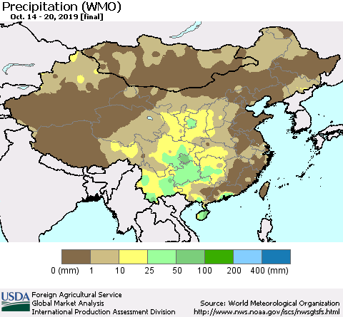 China and Taiwan Precipitation (WMO) Thematic Map For 10/14/2019 - 10/20/2019