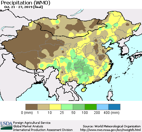 China and Taiwan Precipitation (WMO) Thematic Map For 10/21/2019 - 10/27/2019