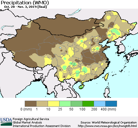 China and Taiwan Precipitation (WMO) Thematic Map For 10/28/2019 - 11/3/2019