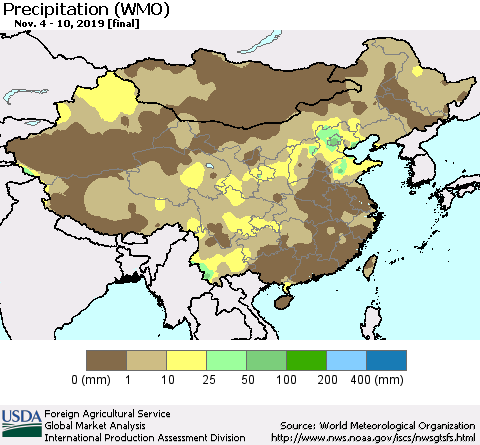 China, Mongolia and Taiwan Precipitation (WMO) Thematic Map For 11/4/2019 - 11/10/2019