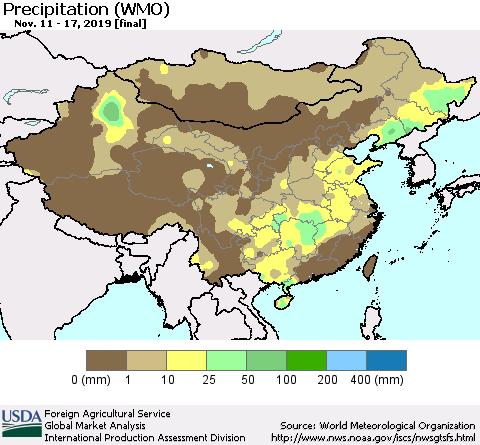 China, Mongolia and Taiwan Precipitation (WMO) Thematic Map For 11/11/2019 - 11/17/2019