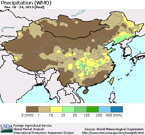 China, Mongolia and Taiwan Precipitation (WMO) Thematic Map For 11/18/2019 - 11/24/2019