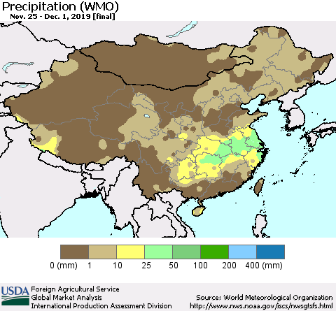 China, Mongolia and Taiwan Precipitation (WMO) Thematic Map For 11/25/2019 - 12/1/2019